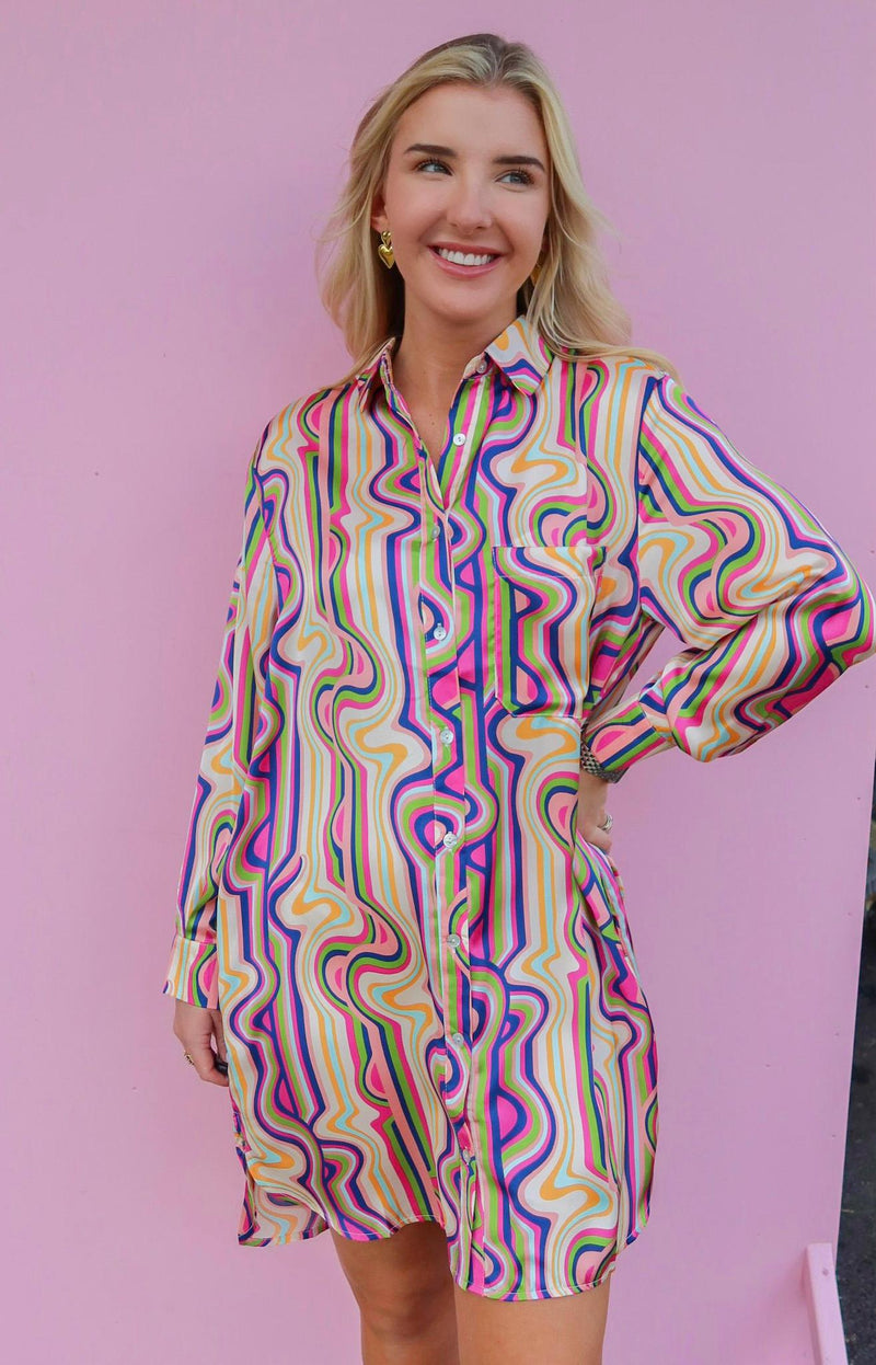 Karlie Bright Geometric Pocket Shirt Dress