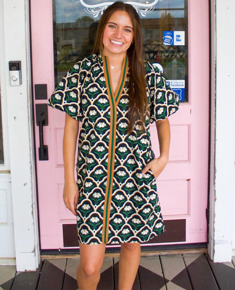 Black Botanical Puff Sleeve Dress
