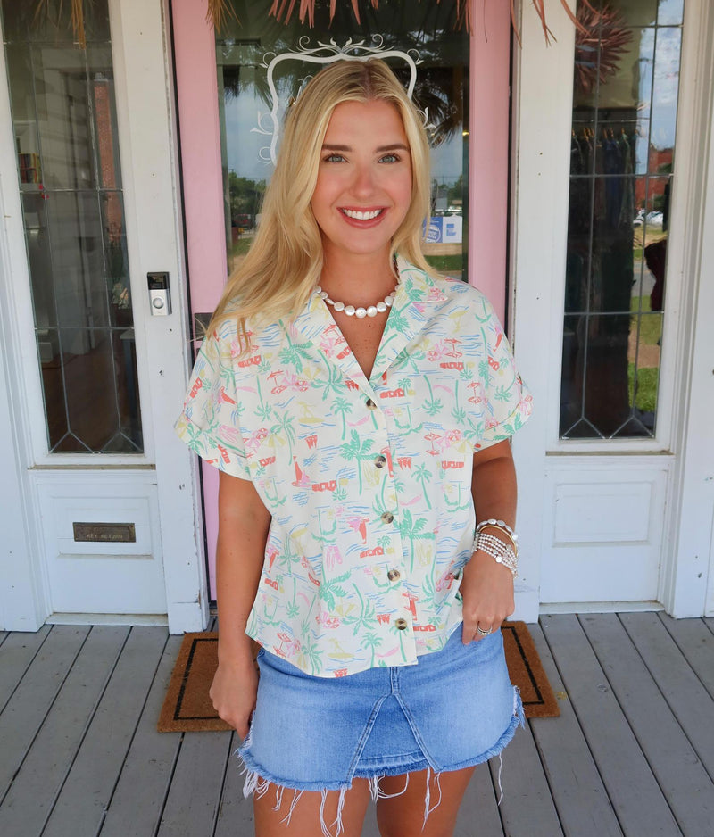 Karlie Seashore Vneck Button Up Top. FINAL SALE.