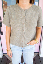 Short Puff Sleeve Sweater Cardigan, Heather Mocha.