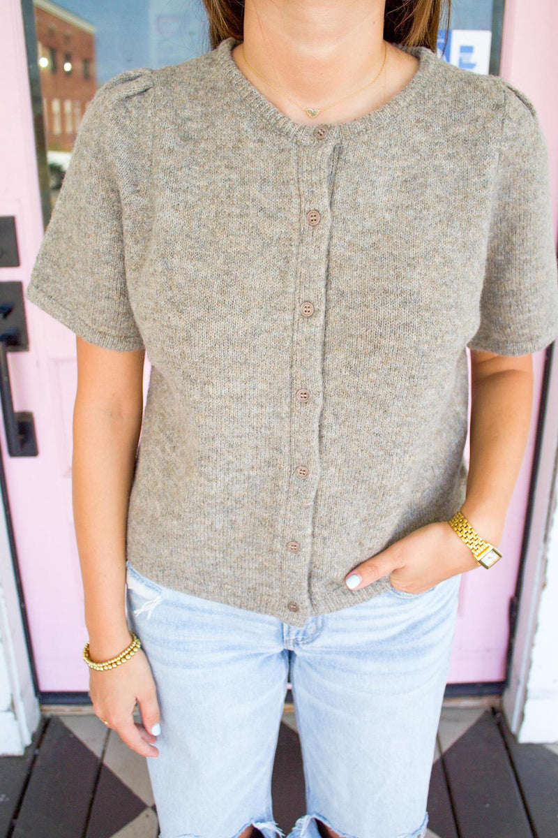 Short Puff Sleeve Sweater Cardigan, Heather Mocha.