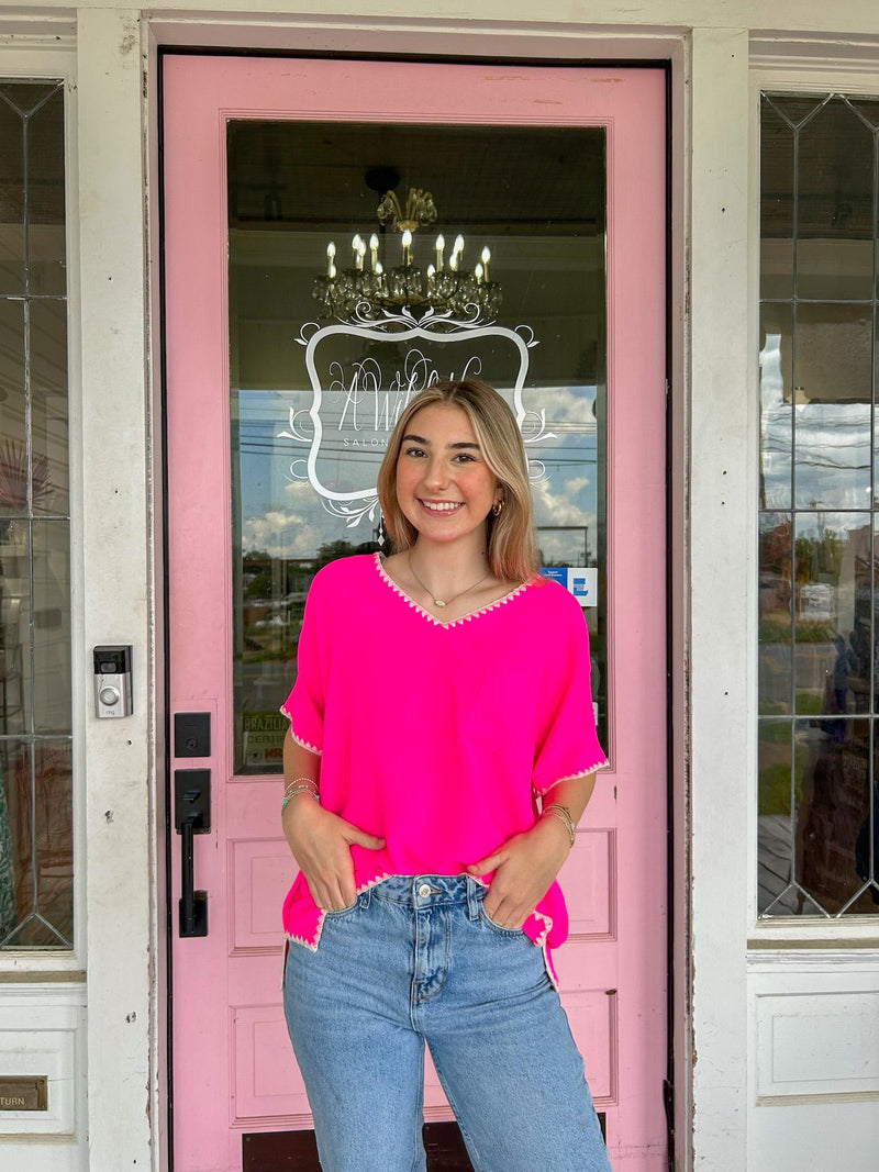 The Hallie Shell Stitch Hot Pink Top