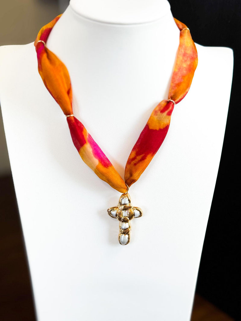 Pink&Orange with Pearl Cross Pendant Silk Necklace