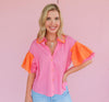 Karlie Pink/Orange Ruffle Color Block Sleeve Top