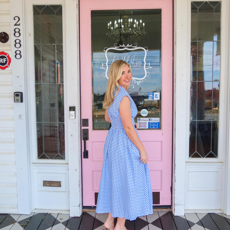 Gracie Gingham Blue Midi Dress