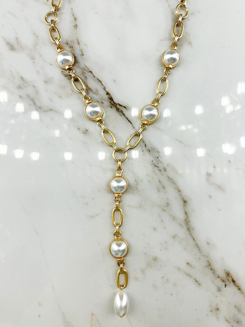 Cream/Gold Pearl & Oval Chain Y Necklace Set