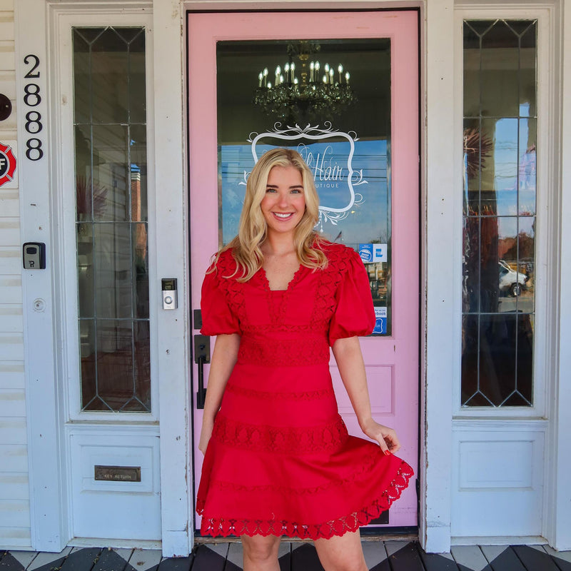 Karlie Solid Red Lace Trim Dress!