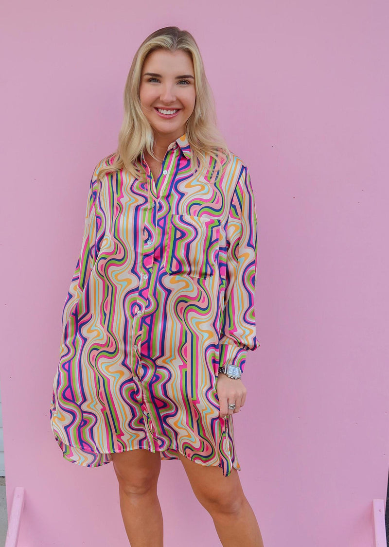 Karlie Bright Geometric Pocket Shirt Dress