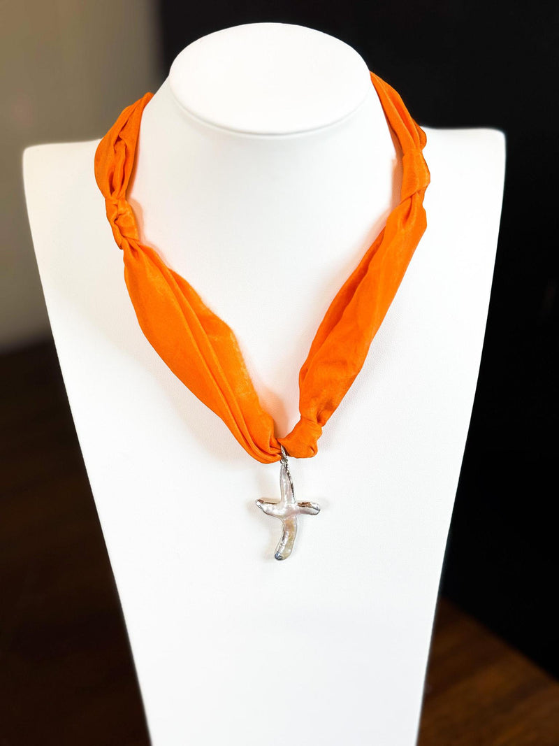 Orange with Pearl Cross Silk Necklace