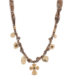 Beige/Gold Cross & Heart Charm Scarf Necklace
