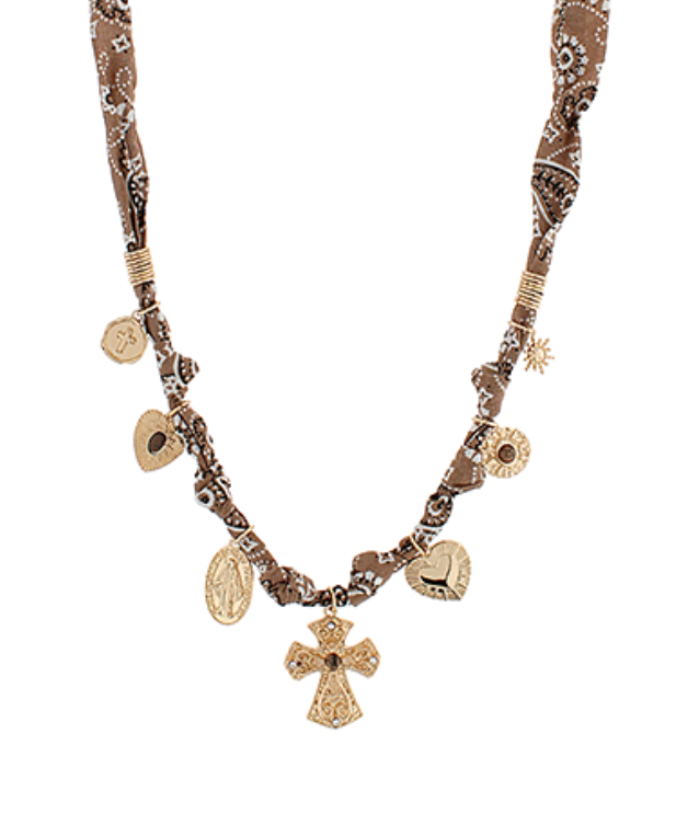 Beige/Gold Cross & Heart Charm Scarf Necklace
