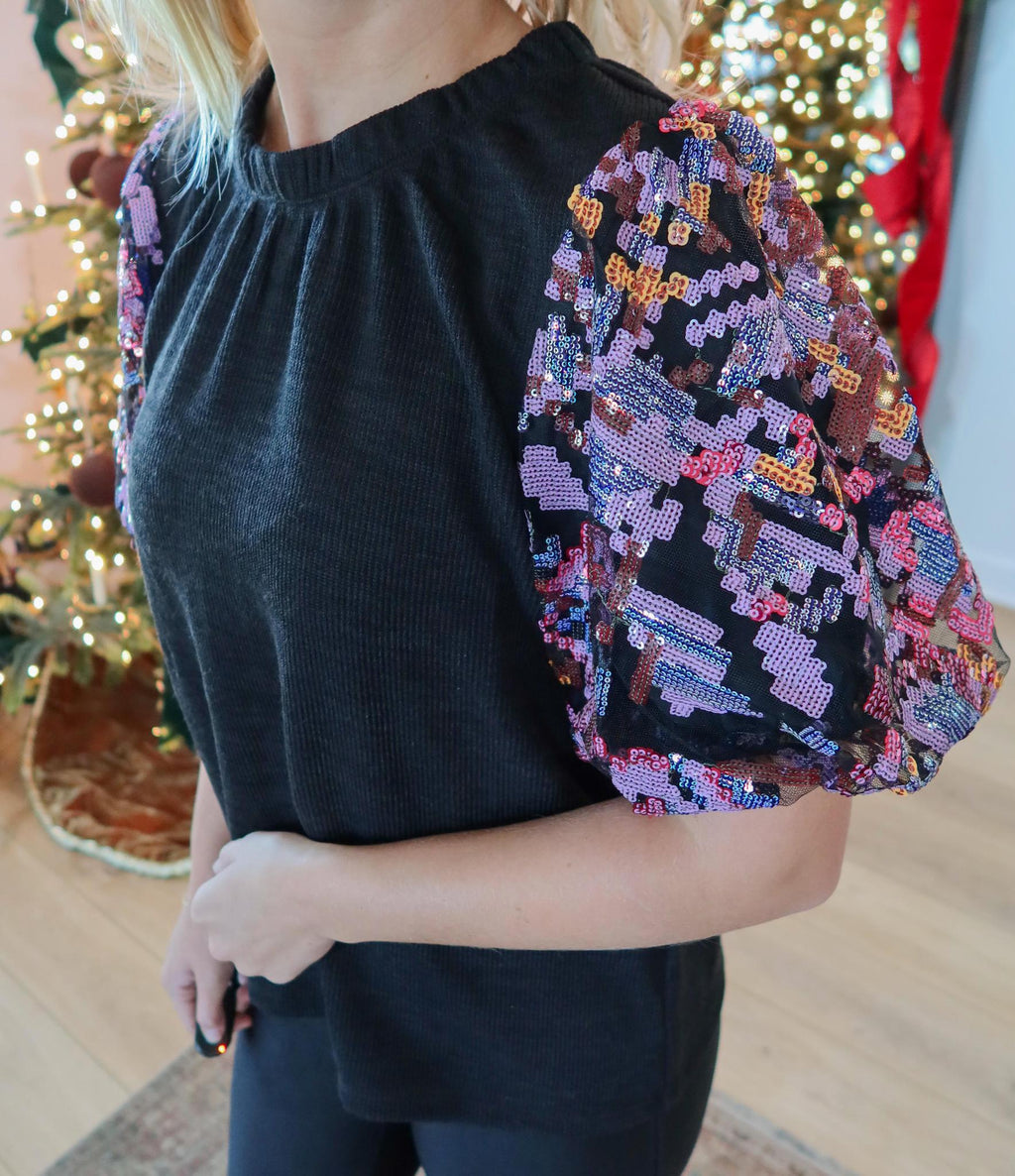 Black Sequin Puff Sleeve Knit Top, THML.
