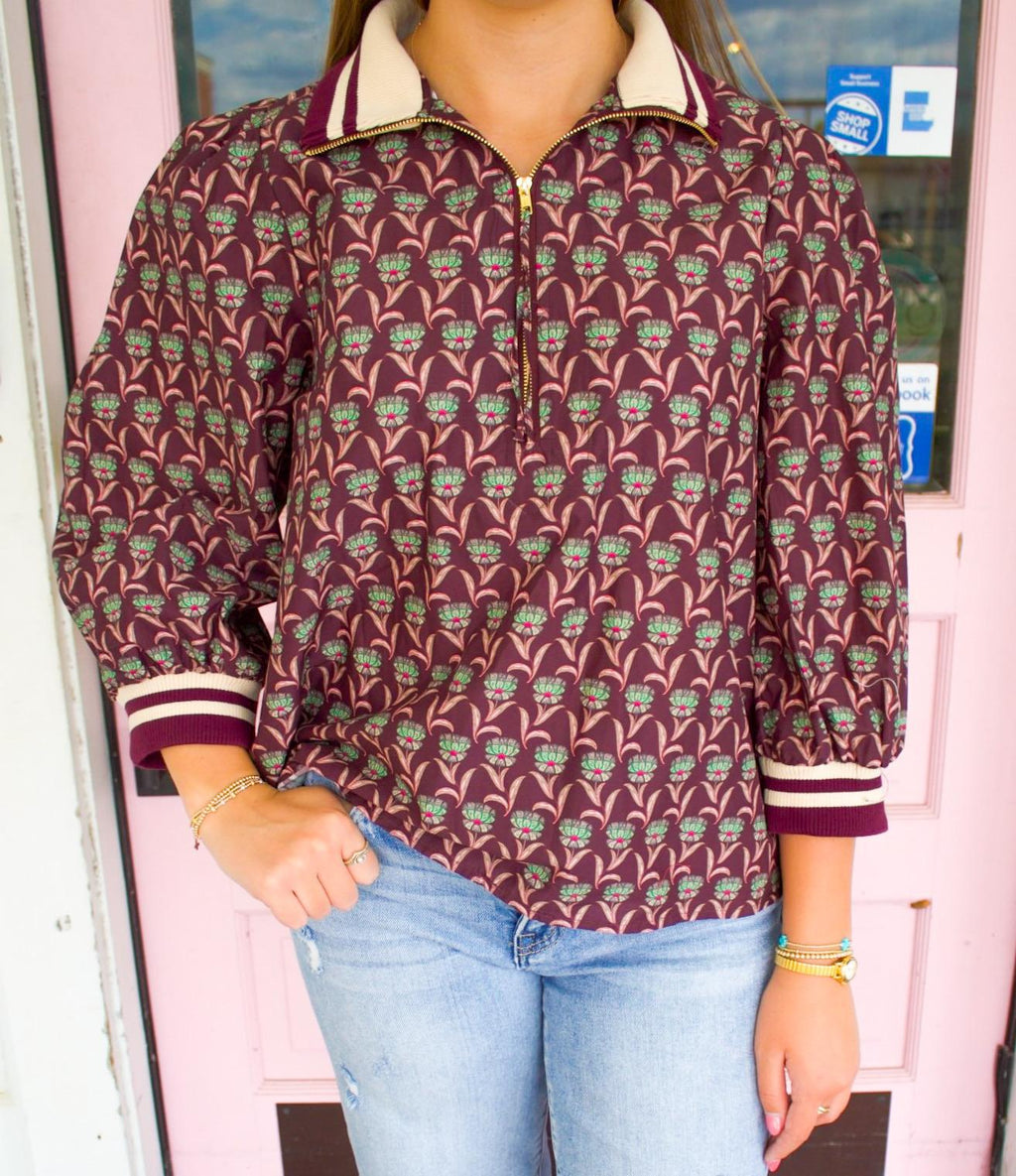 Merlot Half Zip Floral Top