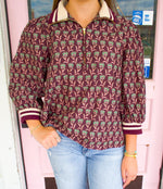 Merlot Half Zip Floral Top