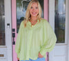 Karlie Green Solid Satin Pleat Button Up Top