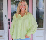 Karlie Green Solid Satin Pleat Button Up Top