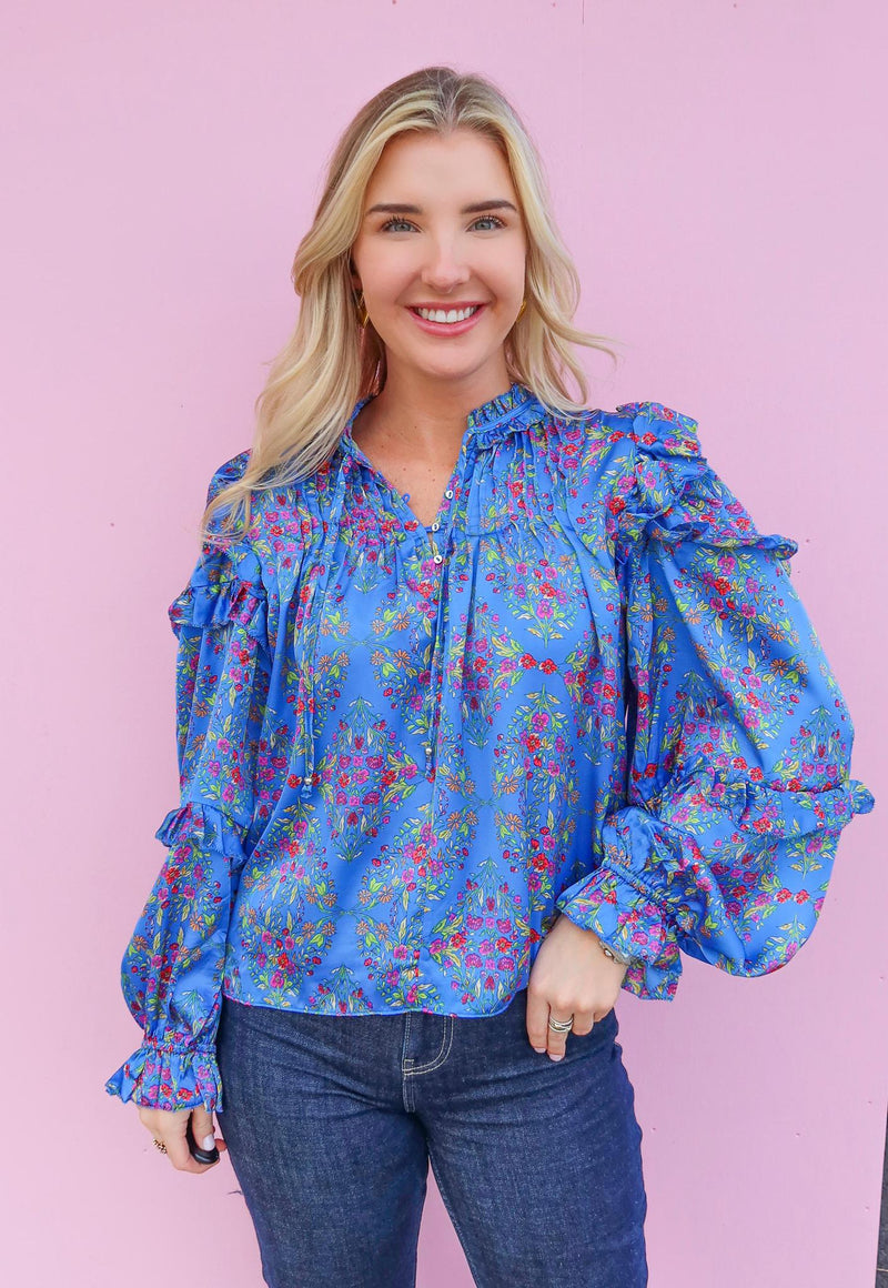 Karlie Blue Floral Satin Ruffle Sleeve Top. FINAL SALE.