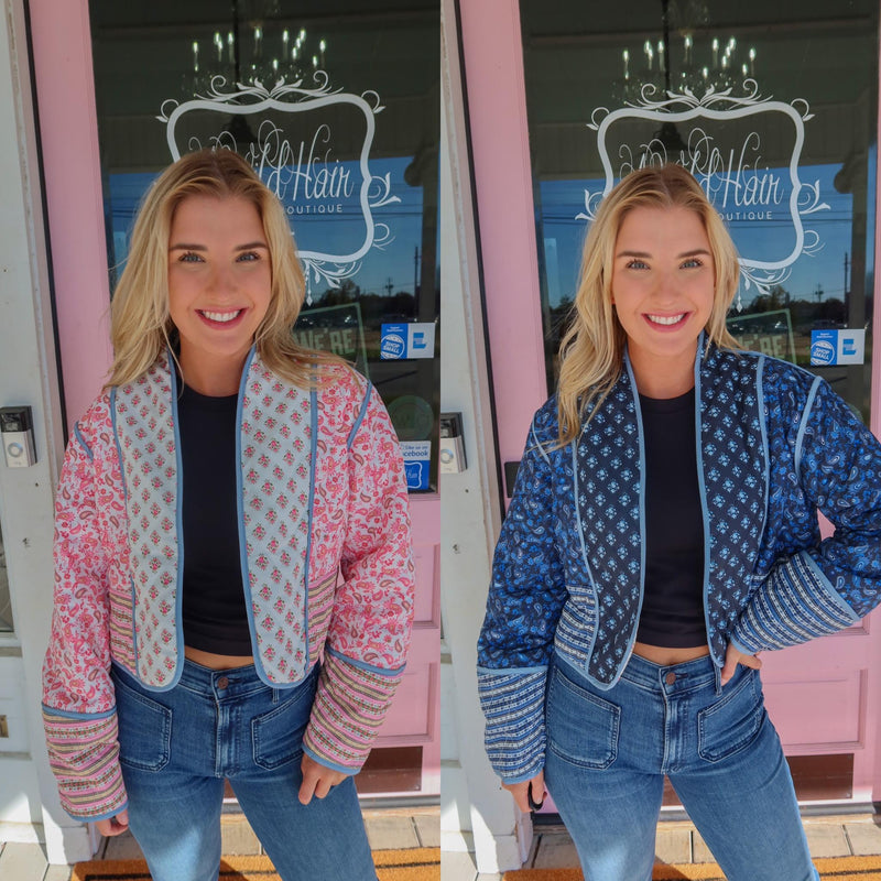 Put It In Reverse Quilted Jacket - BLUE/PINK