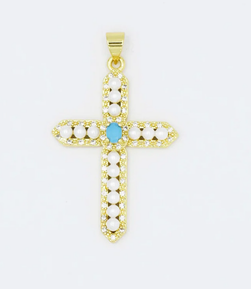 Pearl Turquoise Gem Cross Charm