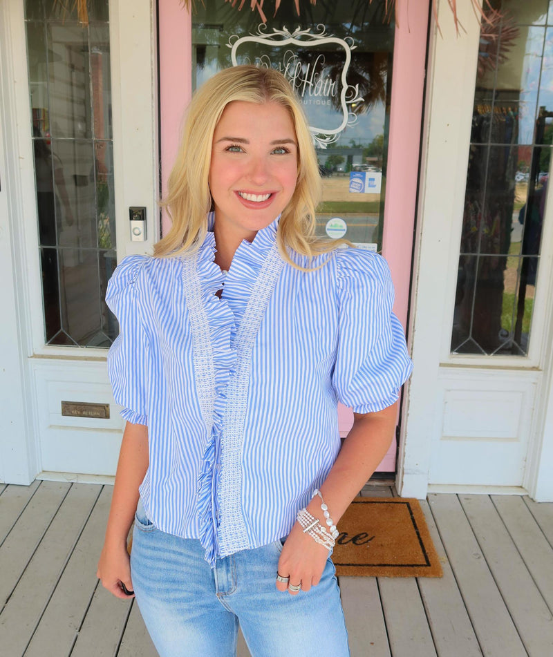 Karlie Blue Stripe Puff Sleeve Ruffle Top