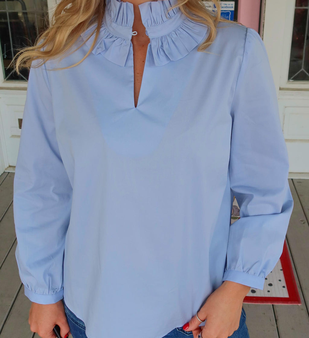 Solid Karlie Poplin Ruffle Neck Top, Blue.