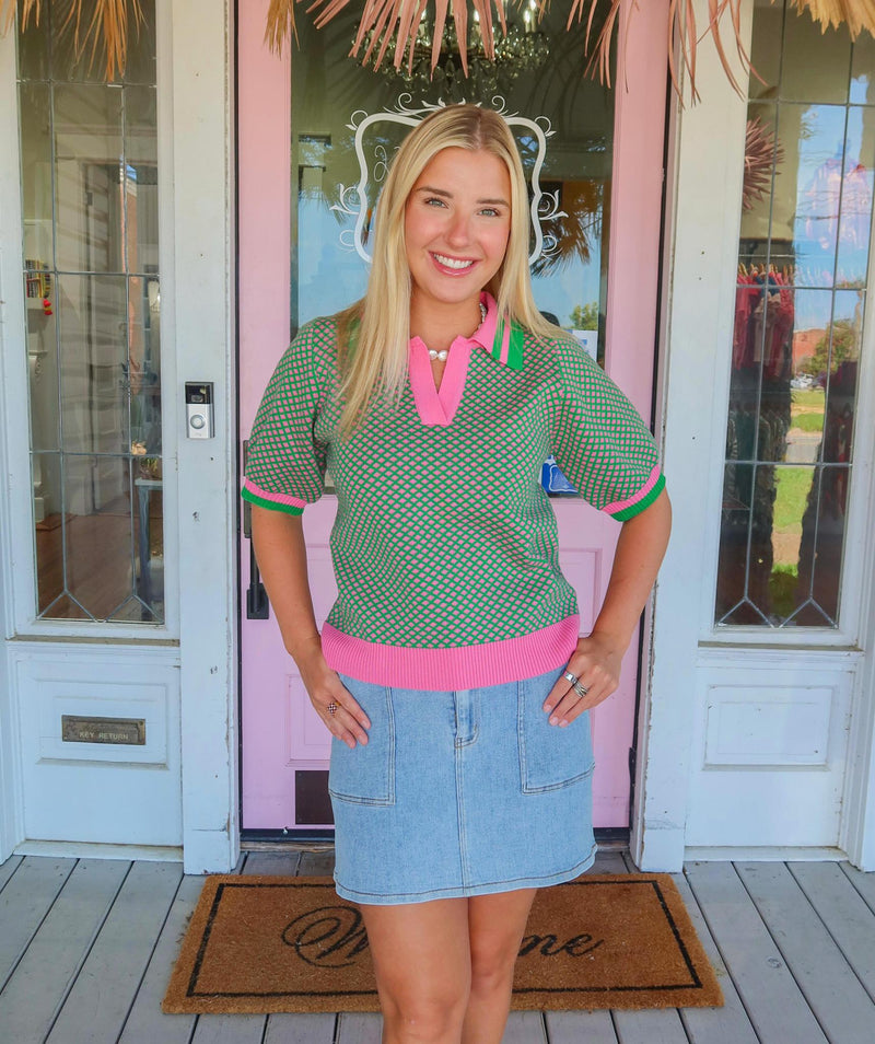 The Faith Green/Pink Striped Collar Top.