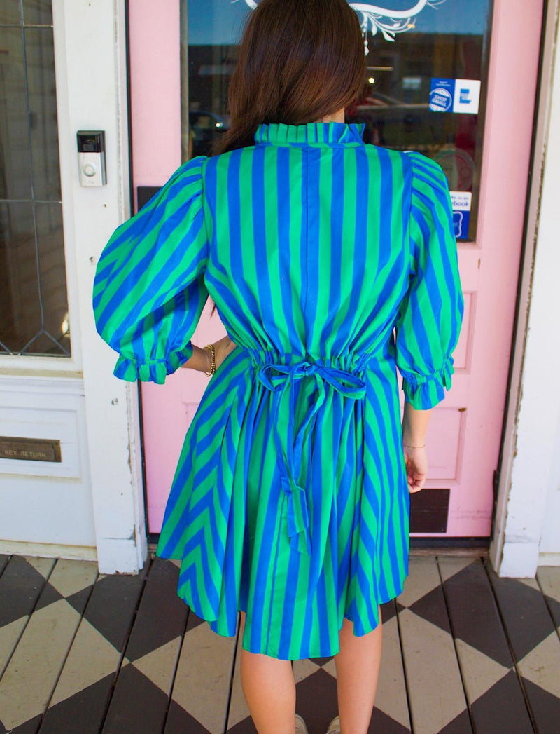Green/Blue Ruffle Striped Dress