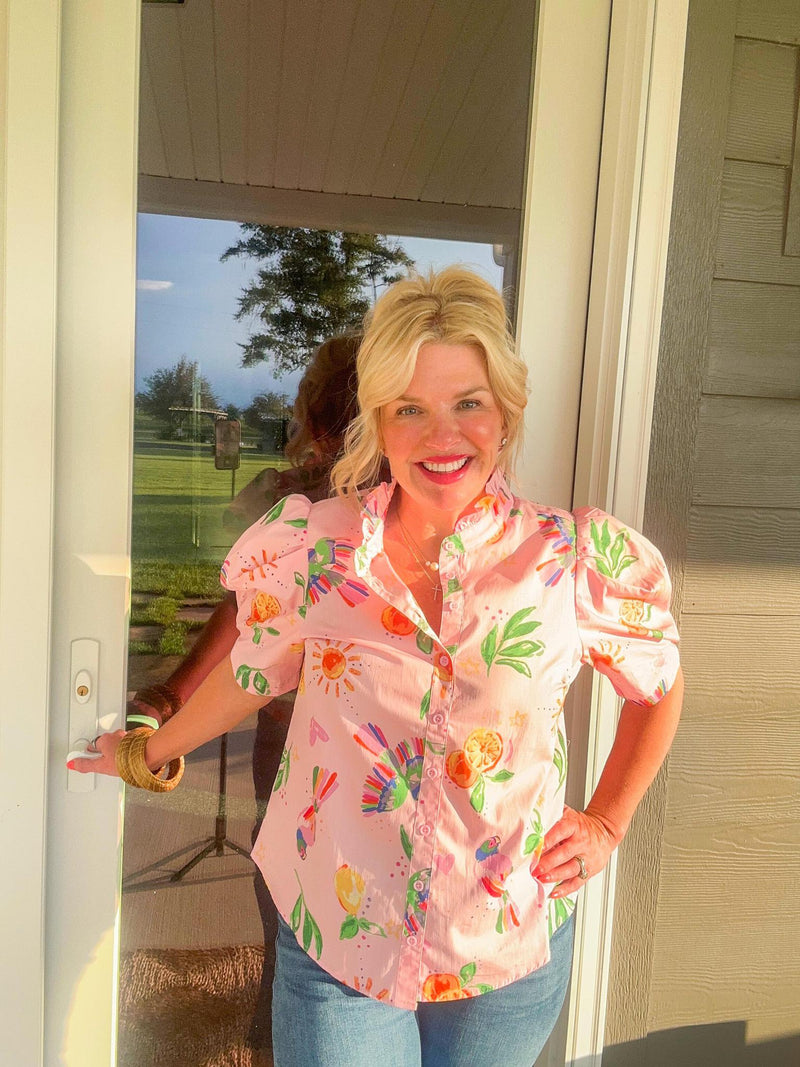 Karlie Toucan Fruit Puff Sleeve Button Down Top