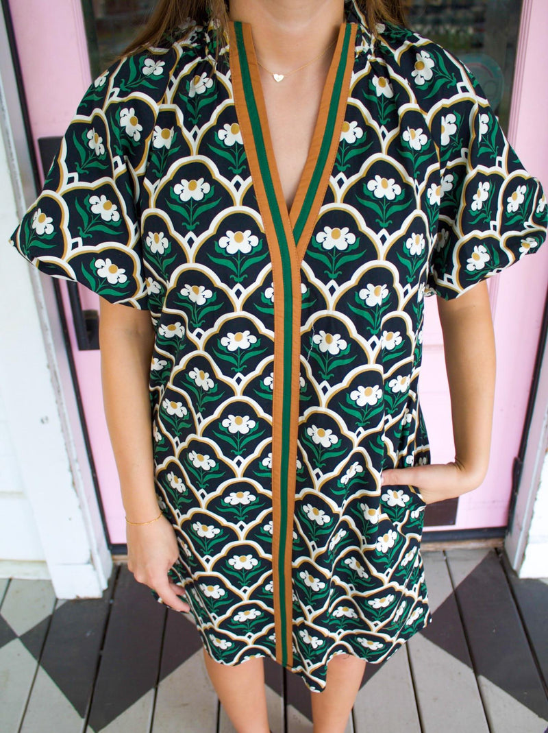 Black Botanical Puff Sleeve Dress