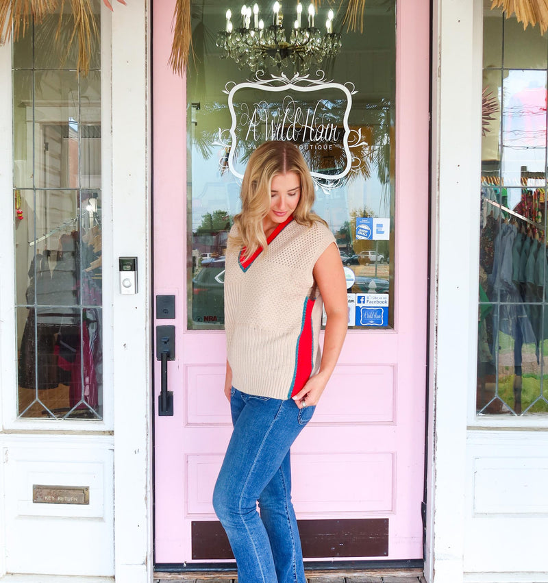 The Laura Taupe/Red Sweater Vest Top!