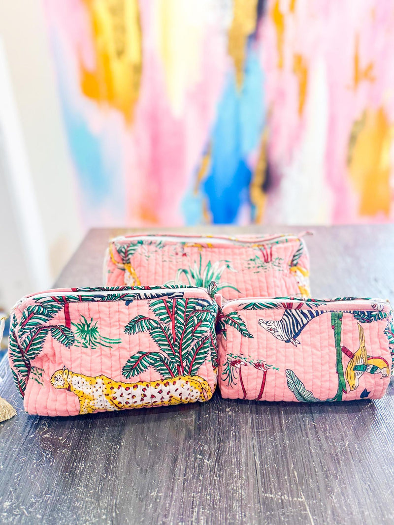 Pink Hand Biock Printed Cosmetic Bags