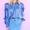 Karlie Blue Floral Satin Ruffle Sleeve Top. FINAL SALE.