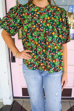 KARLIE-Floral Pleat Sleeve Top