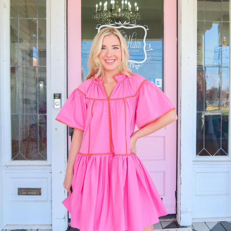 Karlie Pink/Orange Embroidered Tiered Dress.