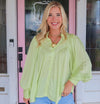 Karlie Green Solid Satin Pleat Button Up Top