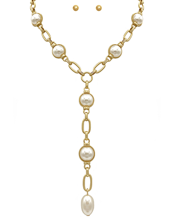 Cream/Gold Pearl & Oval Chain Y Necklace Set