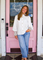 White Embroidery Accent Button Down Top