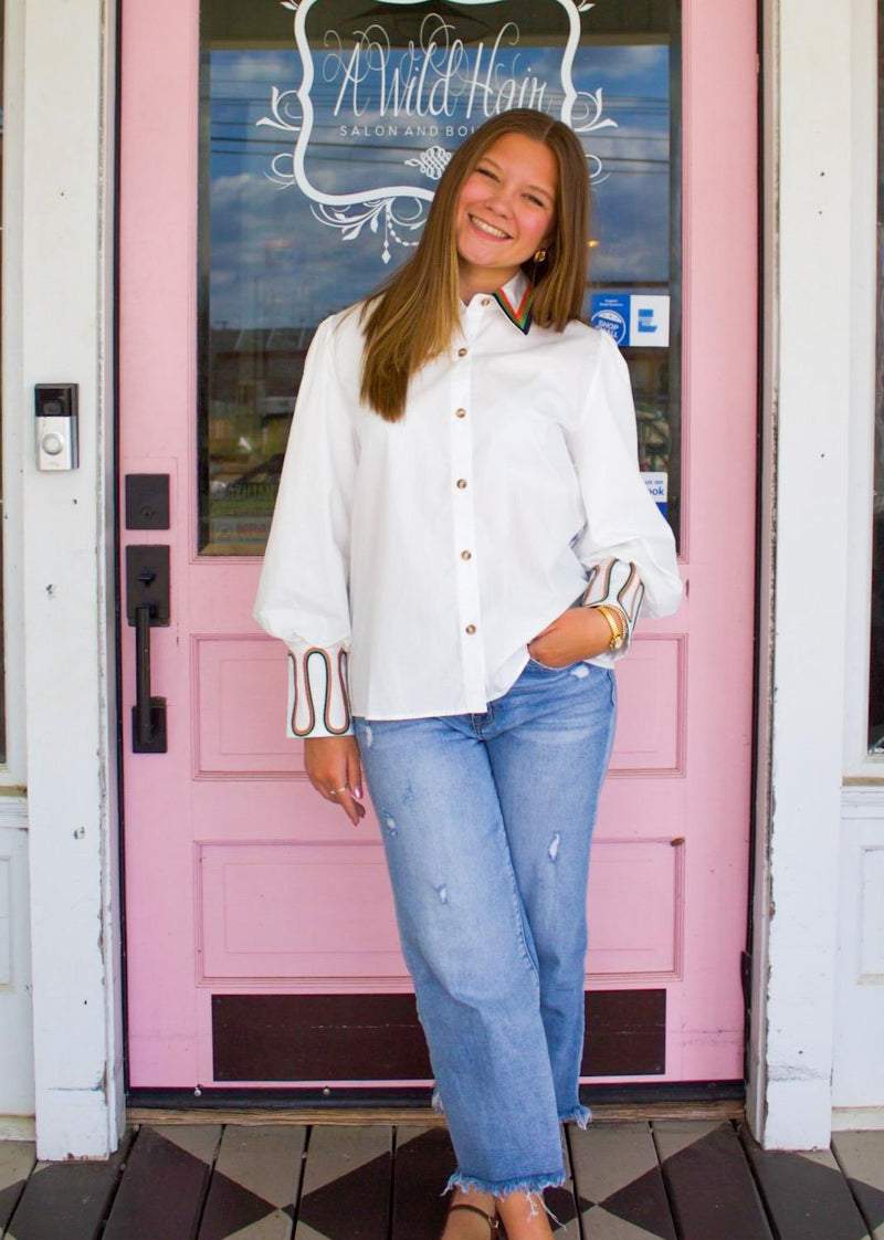White Embroidery Accent Button Down Top